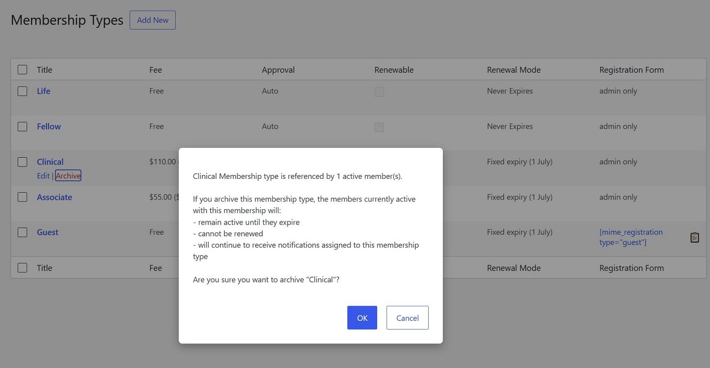 Membership Types List - archive confirmation