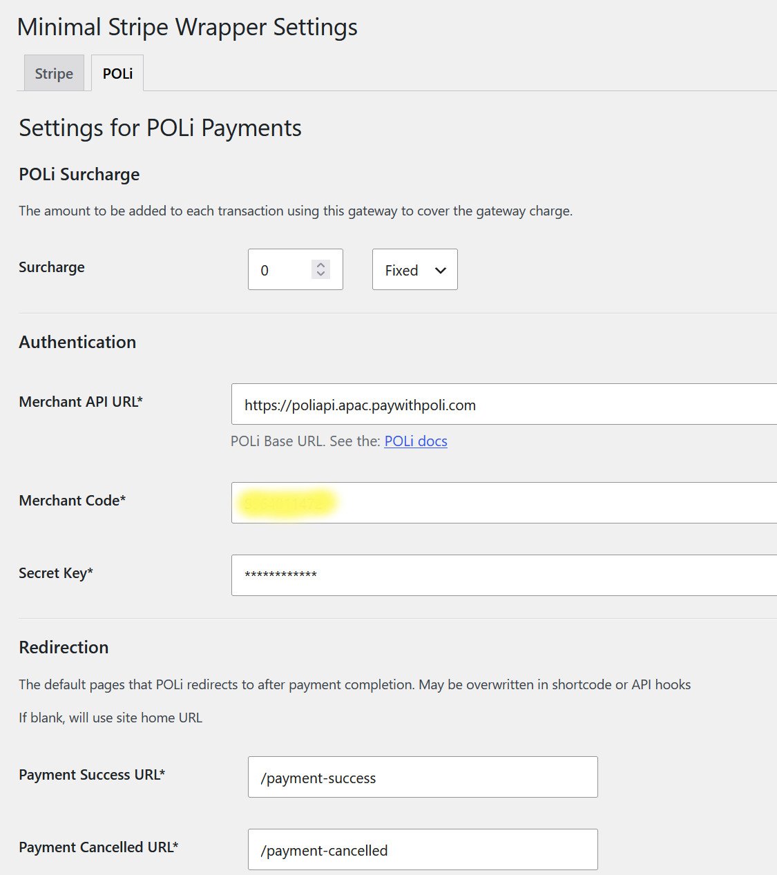 Meta POLi Payments admin screenshot